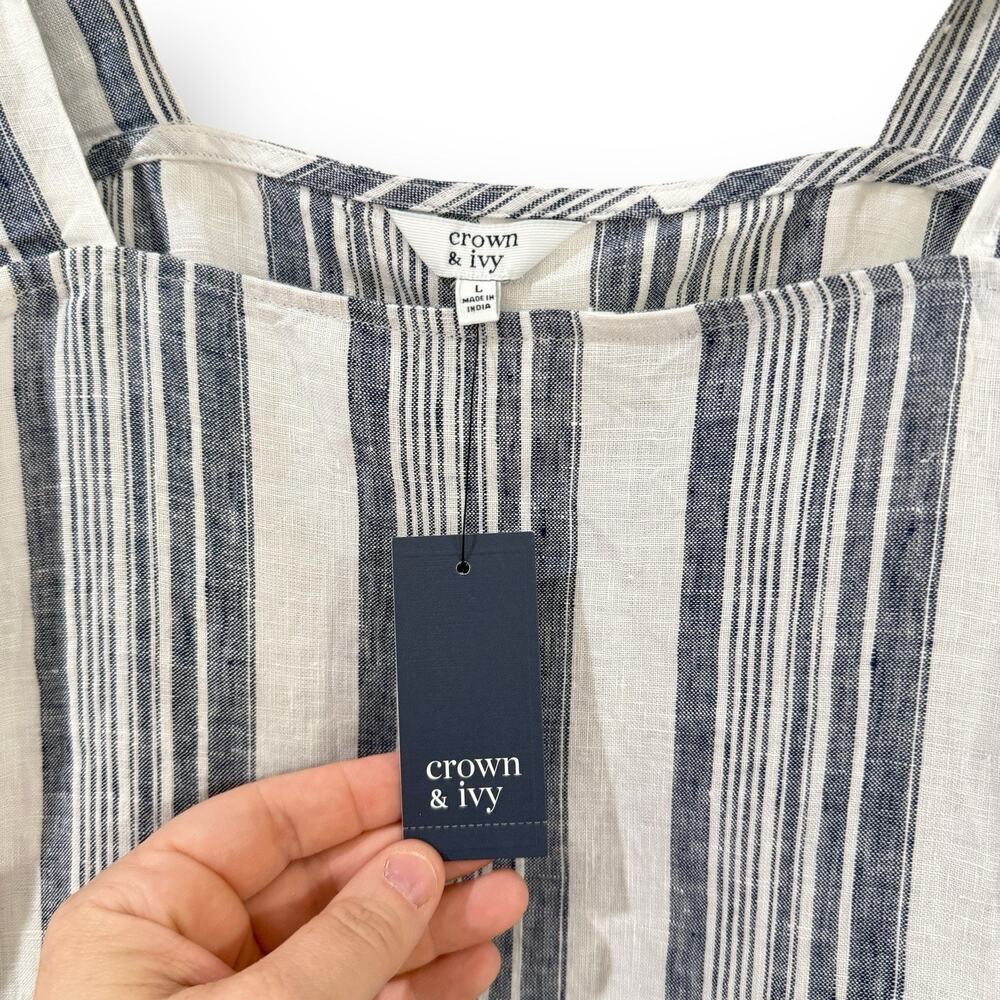 NWT Crown & Ivy Women's L Blue White Striped Linen Tie Shoulder Tank Top Blouse - Picture 3 of 8